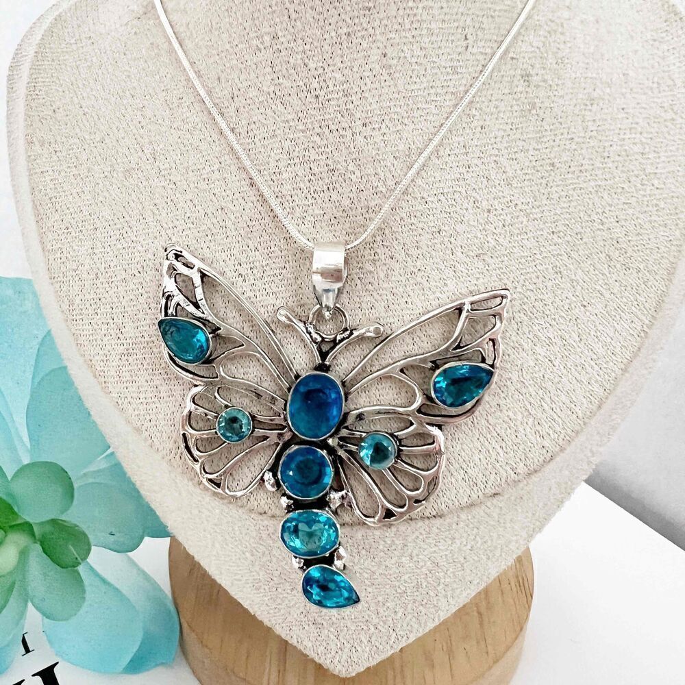 925 Sterling Silver Butterfly Blue Topaz Necklace Gemstone womens Jewelry
